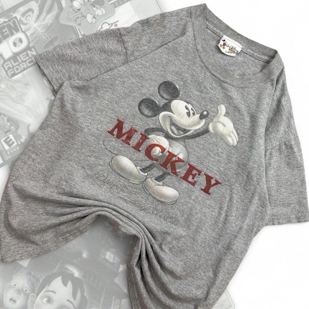 Vintage 90s Walt Disney World Mickey Mouse Gray Graphic Tee T-Shirt